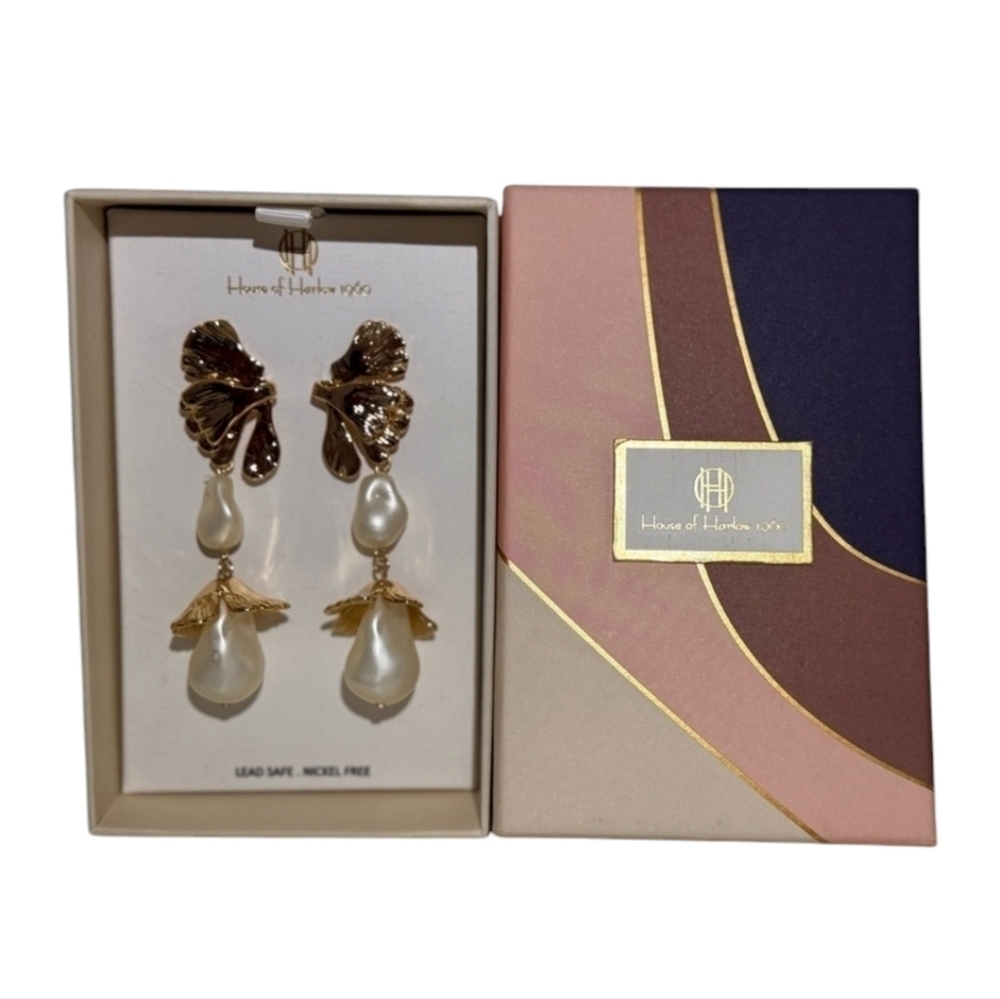 ✨️ House Of Harlow 1960 Double Pearl Floral Drop Statement Earrings ✨️ - Picture 2 of 4